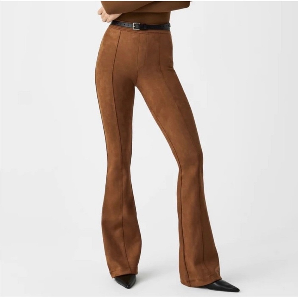 Spanx Faux Suede Flare Pants Size Medium Brown Caramel Boho Western Seam Detail